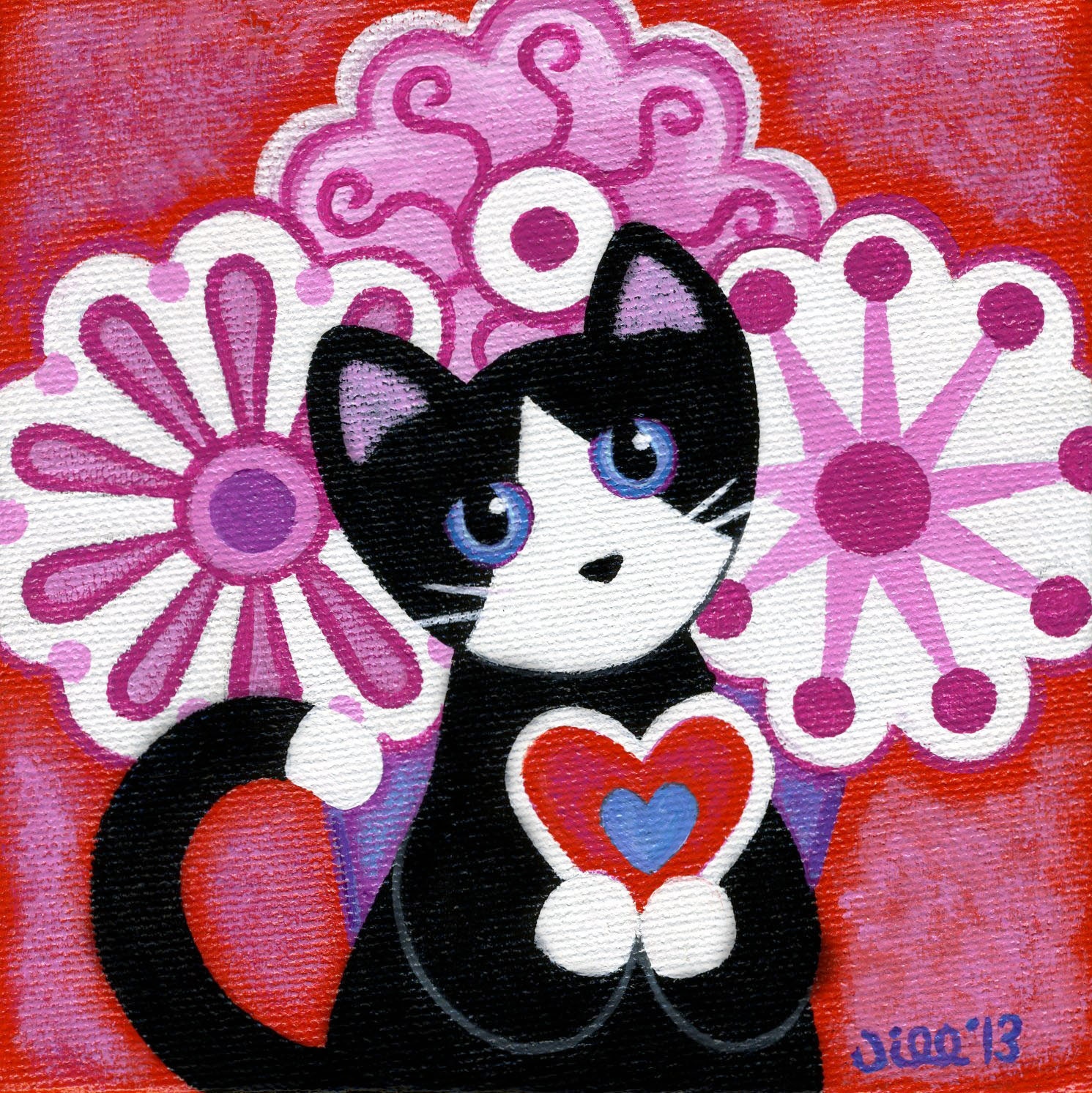 Original Canvas PAINTING - Tuxedo CAT Flowers & VALENTINE 5x5 by Jill
