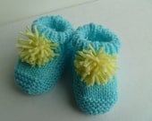 Baby Booties Boy Aqua Blue Pom-Poms Pastel Yellow Super Soft 3-6 Month Size Ready to Ship