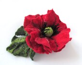 Brooch felt flower  poppy red  green