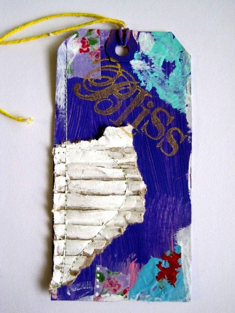Book Tag Mixed Media Art  Book tag Shabby Collage Art  Purple BLISS