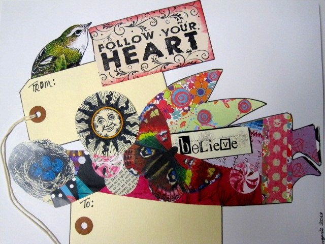 Mixed Media Art Adhesive Address Package LABELS Prints Collage FOLLOW Your HEART Believe