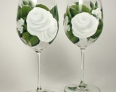 Hand Painted Wine Glasses - Classic White Roses, Deep Green Leaves - Spring Wedding MOH MOG Kappa Delta Chi Omega Sorority Custom Gift Set 4