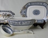 Antique Aesthetic Movement Black Transferware Small Gilded Tureen Ladle and Tab Handled Platter