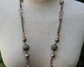 Amber Copper Chain and Antique Bronze Colored Filigree Spheres Long Layering Statement  NECKLACE