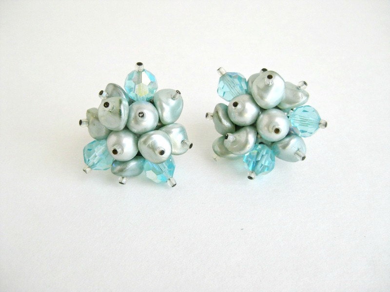 Clip On Earrings Powder Blue Clusters 1960s Vintage