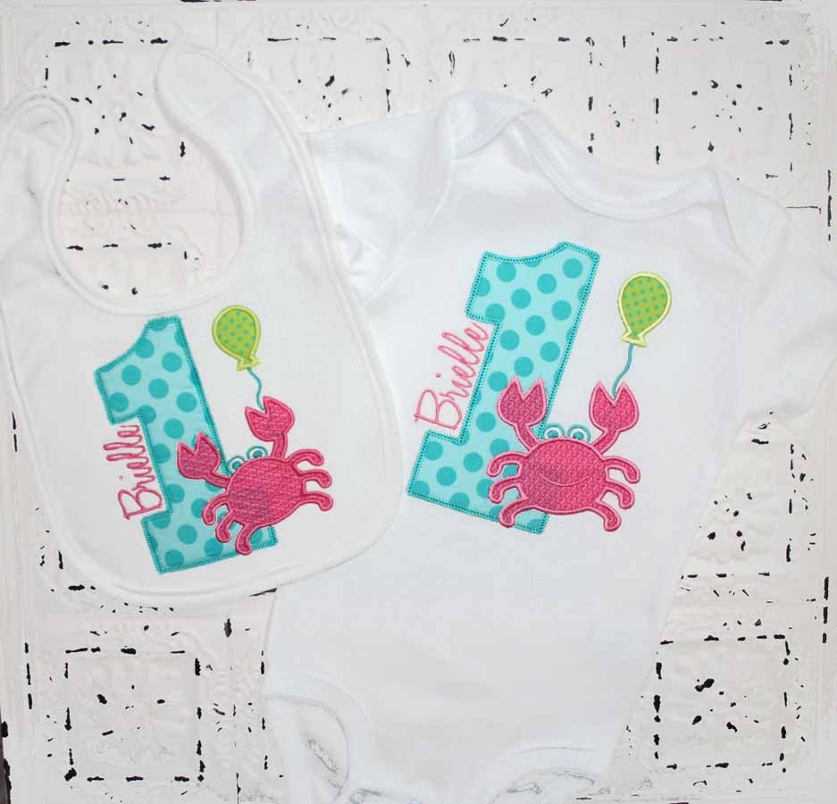 Girly Girls Crab Birthday Applique SHIRT ONLY- Free Personalization-- All birthday numbers are available