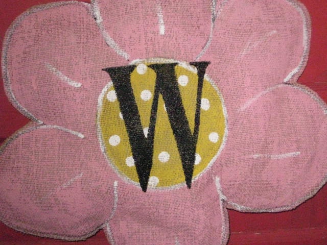 Large Pink and Yellow Burlap flower door hanger with initial Monogram
