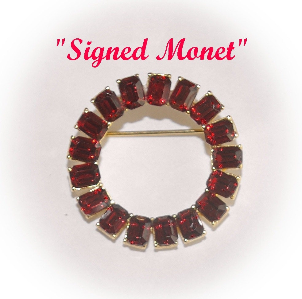 Ruby Red Crystal Brooch   Signed Monet  1970's 1980's