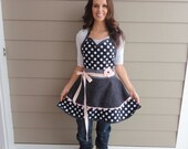 4RetroSisters  "Sadie Style" Sweetheart Neckline -Retro Black & White Polka Dot Womens Apron