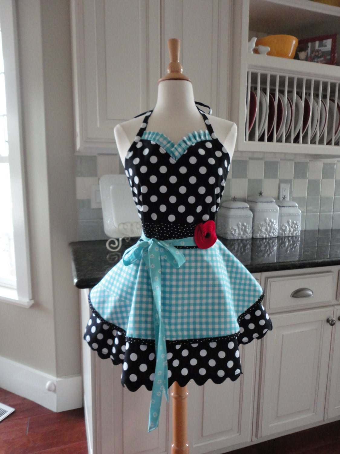 4RetroSisters "Sadie Mae Sweetheart" Style Womens Full Apron- "Picnic Anyone" Blue Gingham - Retro Modern