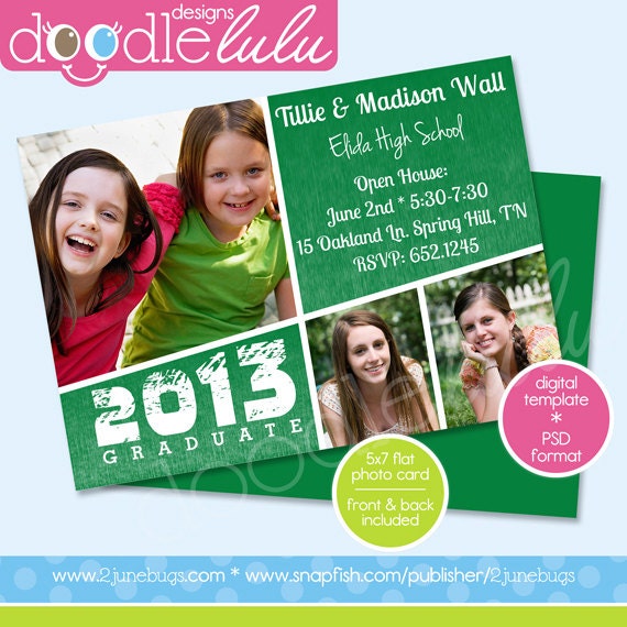 Printable Graduation 2013 5x7 / Green & White / Digital Photo Card Template (Photoshop) PSD from DOODLELULU by 2 june bugs Il_570xn
