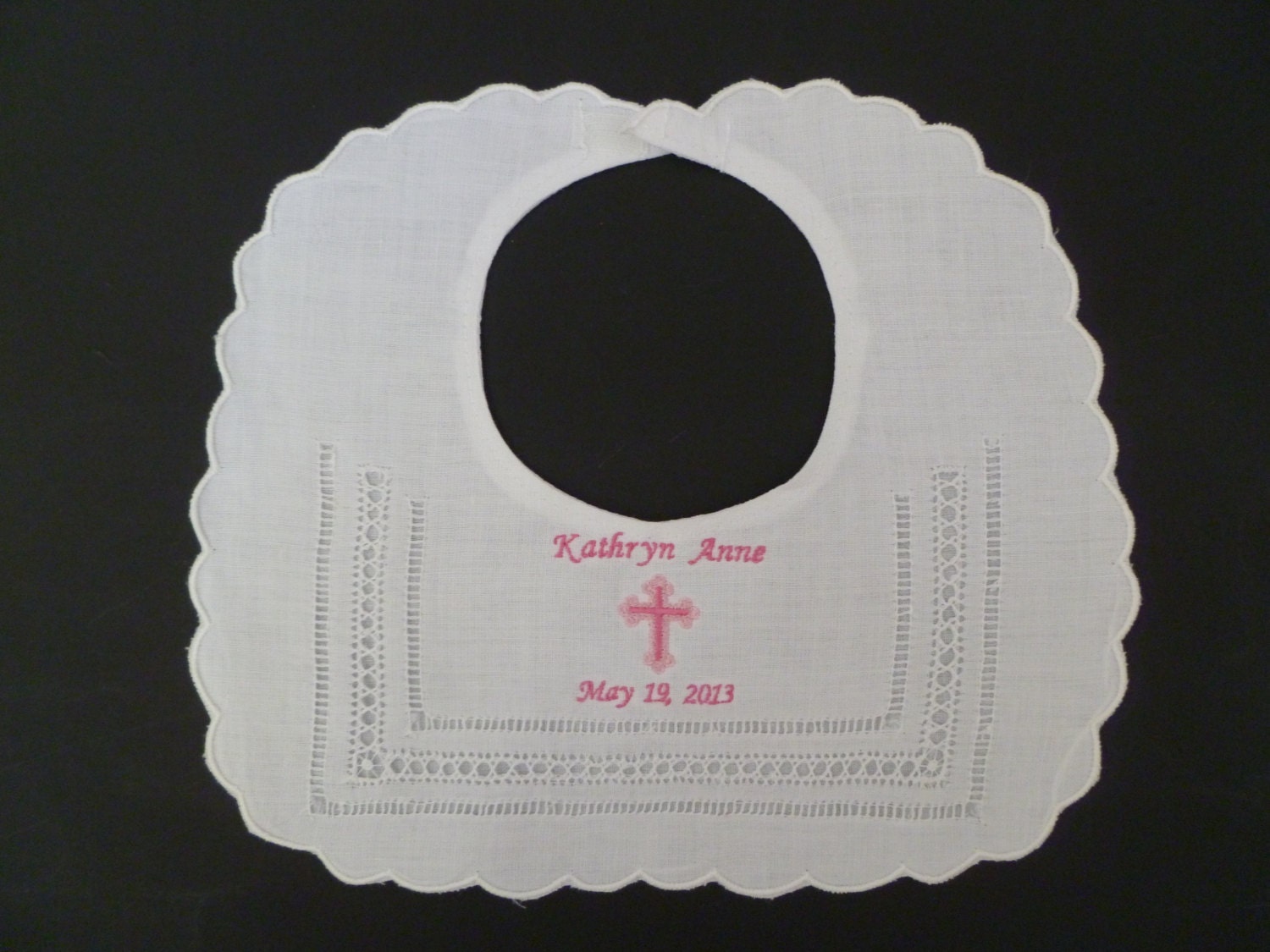 Embroidered Hemstitched Christening Baptism Linen Bib with Name Date and Cross