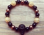 Black Bronze & Gold Rhinestone Beaded Skull Bracelet