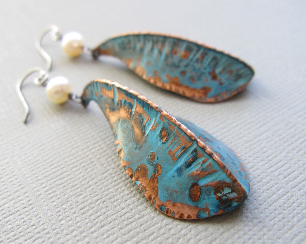Turquoise Blue Copper Earrings White Pearl