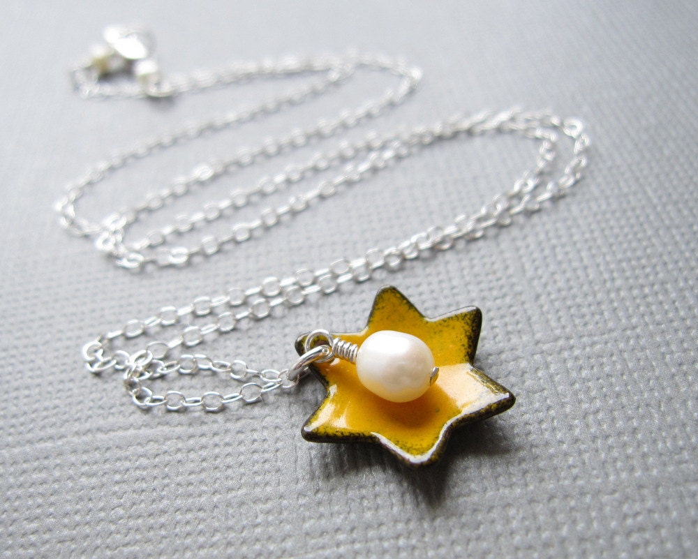 Marigold Yellow Jewish Star of David Necklace Enamel White Pearl Sterling Silver