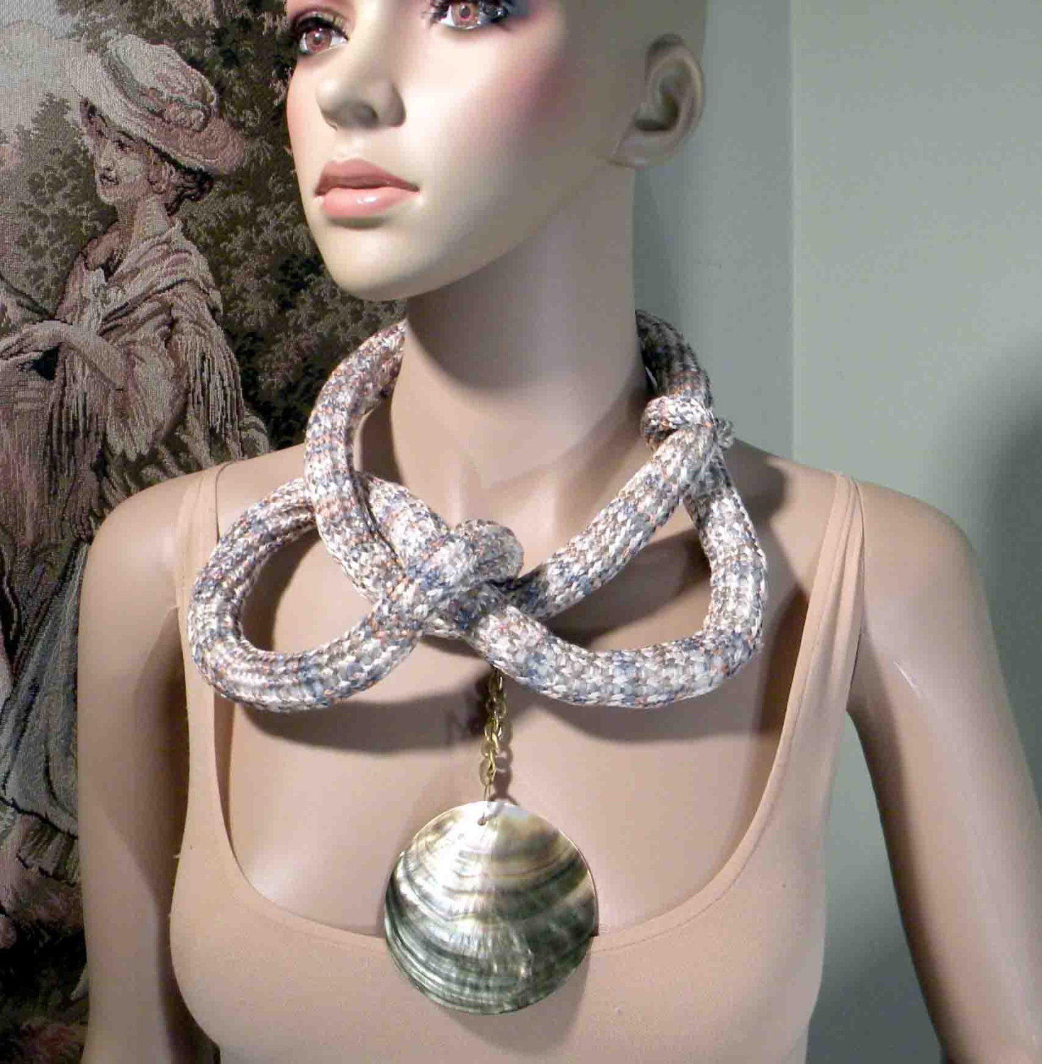 UNIQUE ABALONE NECKLACE - Wearable Fiber Art Jewelry, Freeform Crocheted, Top Quality Italian Silk, Gorgeous Abalone Seashell Pendant