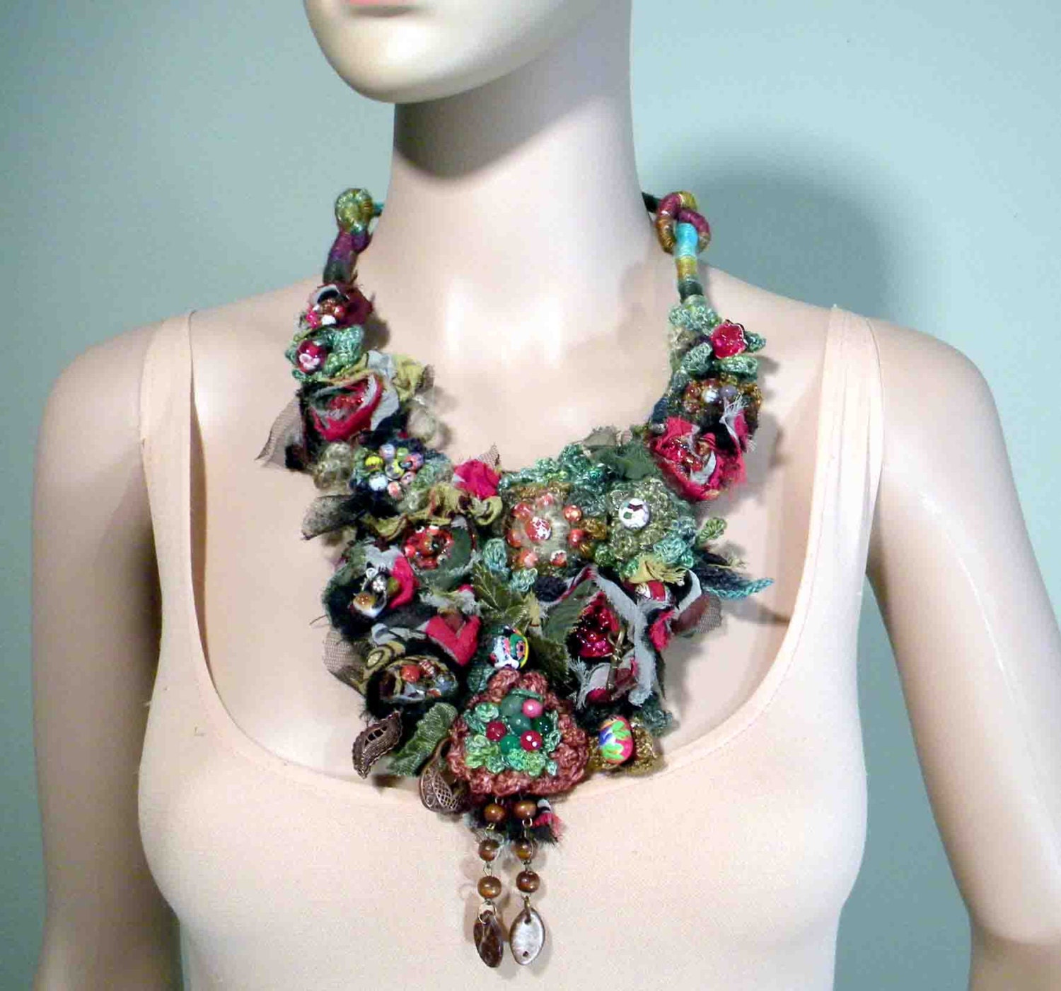 EXQUISITE NECKLACE/BIB - Wearable Fiber Art Jewelry, Richly Embellished & Jeweled, Adjustable Length