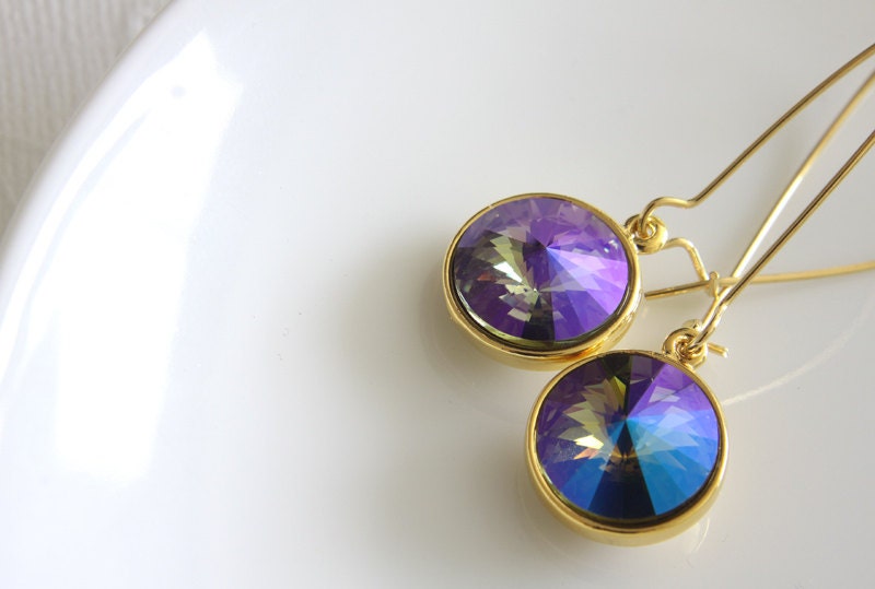 Swarovski Rivoli Earrings, Dangle Earrings, Long Earrings, Crystal Dangle Long, Gold Plated Earrings