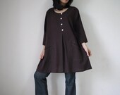 Boho Casual Plus Size 3/4 Sleeve Round Neck Hand Dyed Dark Brown Cotton Blouse/Tunic With 2 Roomy Pockets