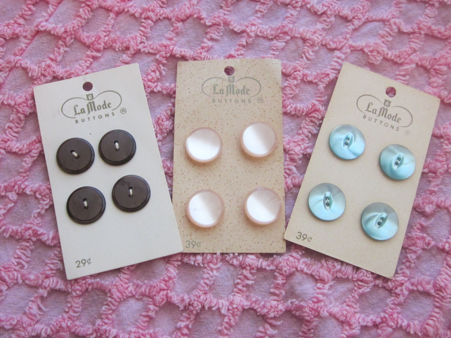 3 Cards Vintage La Mode Buttons Pearly Pink, Pearly Blue and Brown