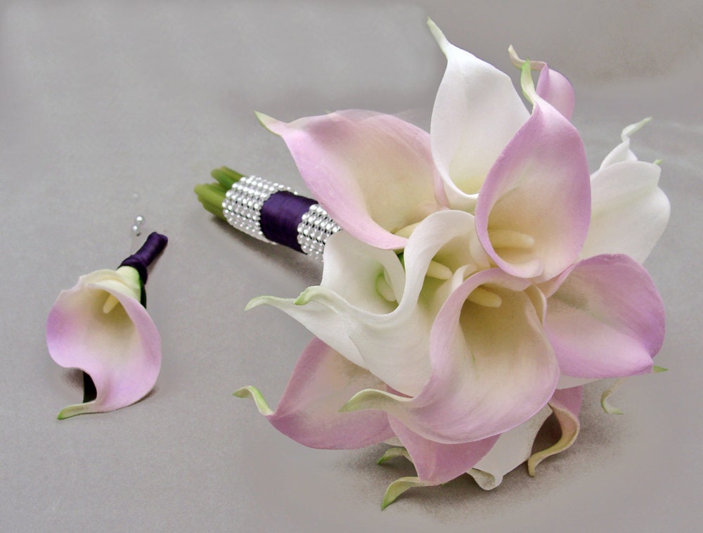 Wedding Flower Package Real Touch Calla Lily Bridesmaid Bouquet Groomsman Boutonniere Lavender White Plum Choose Your Wedding Colors
