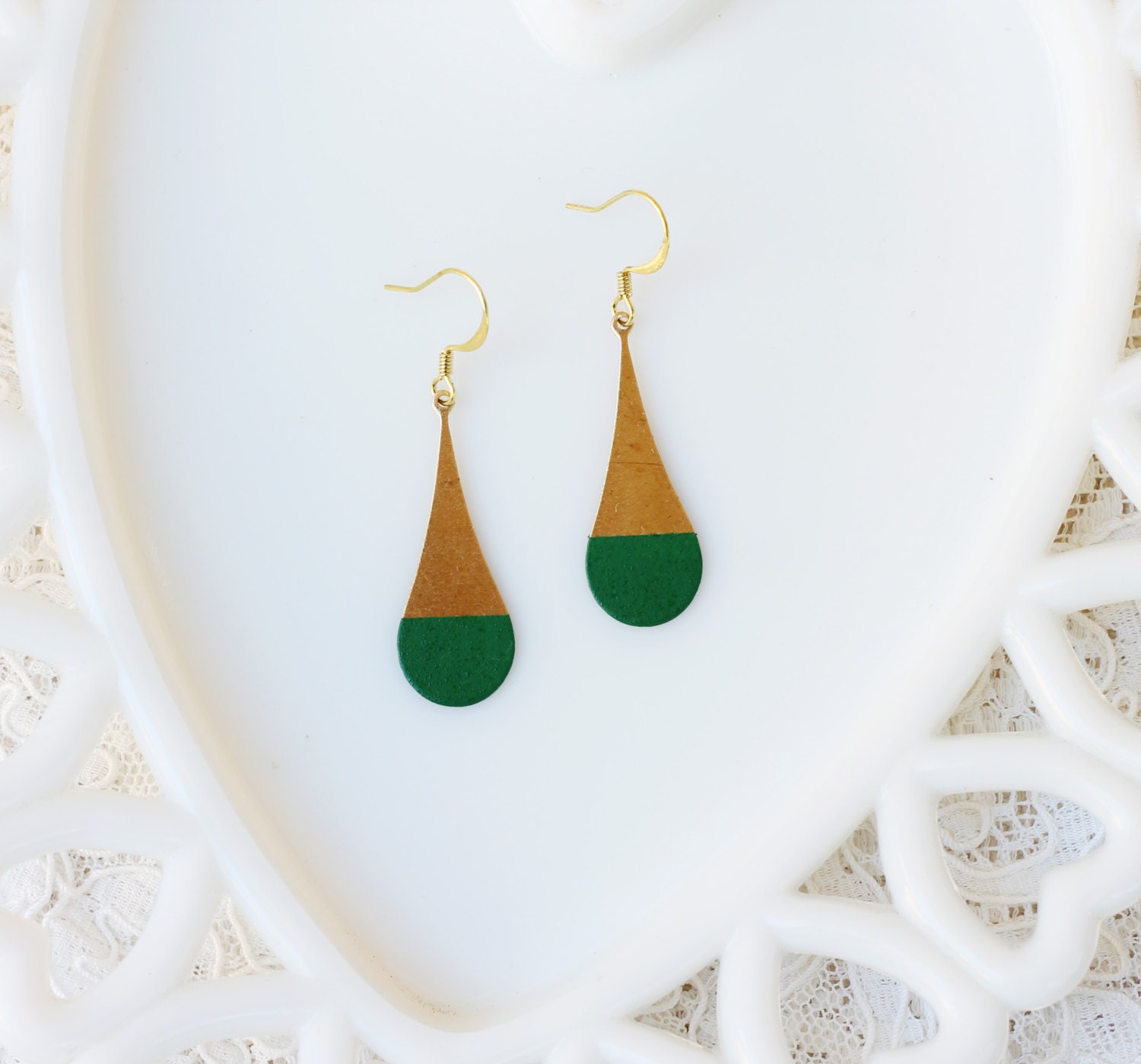 Rounded Emerald Green Color Dipped Brass Dangle Earrings