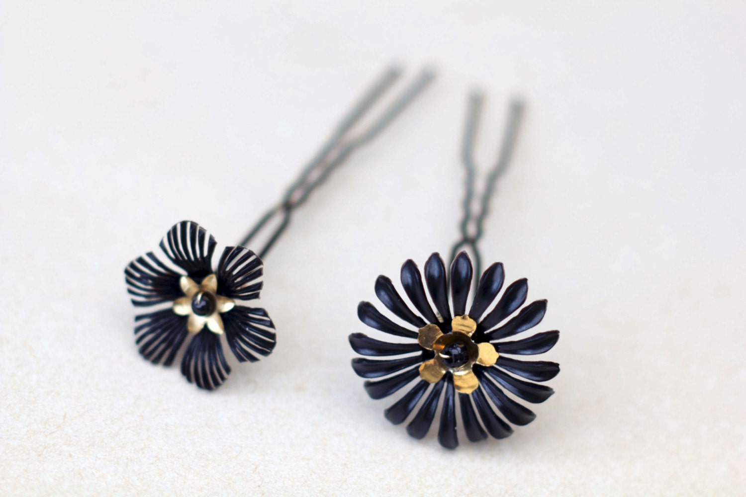 Black flower hair pins set of 2 hairpins floral matte black flower golden flower hair clip hair bun