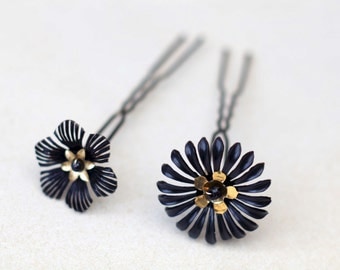 Black flower hair pins set of 2 hairpins floral matte black flower golden flower hair clip hair bun