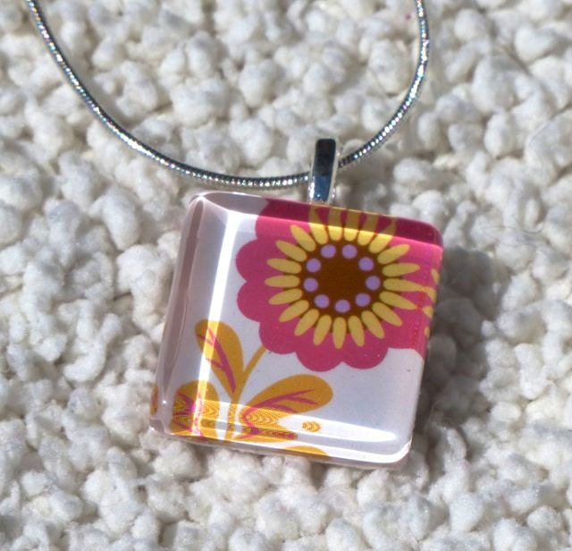 Large Hot Pink Flower Scrabble Tile Glass Pendant, Hot Pink Flower Pendant, Spring Pendant
