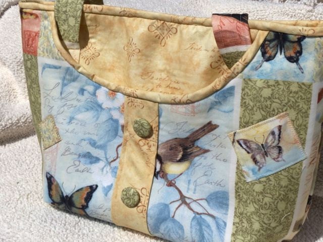 Spring Tote Bag, Nature Fabric, Birds and Butterflies, Cotton Tote Bag, Cotton Bag, Susan Winget Fabric Tote
