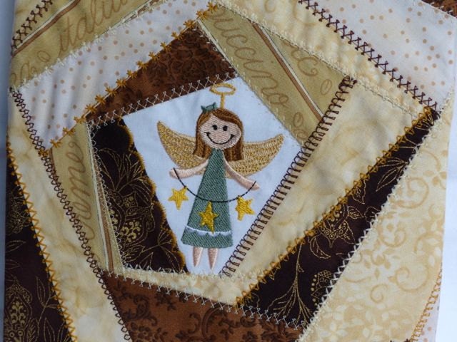 Crazy Patch Angel Portrait Wall Hanging, Angel with Stars, Embroidered Angel Wall Decoration