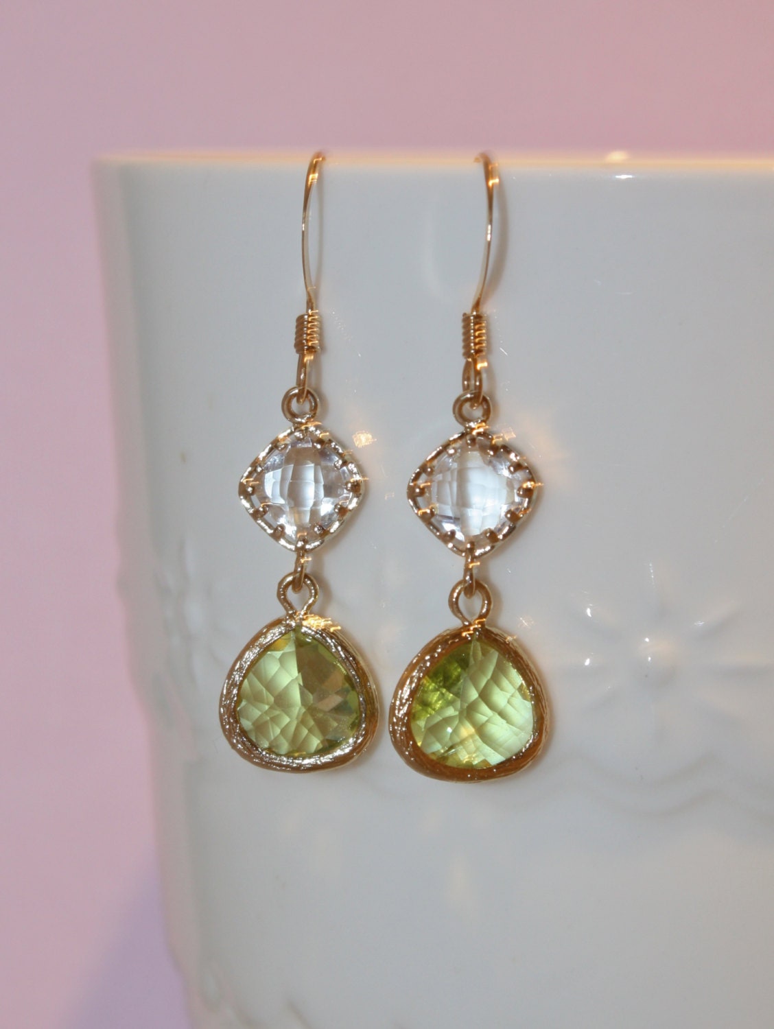 Olive Green Gold Framed Dangle Earrings