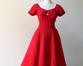 vintage 1950's couture cherry red flared silk crepe satin cocktail party dress. 60's prom dress, large bow  with rhinestone