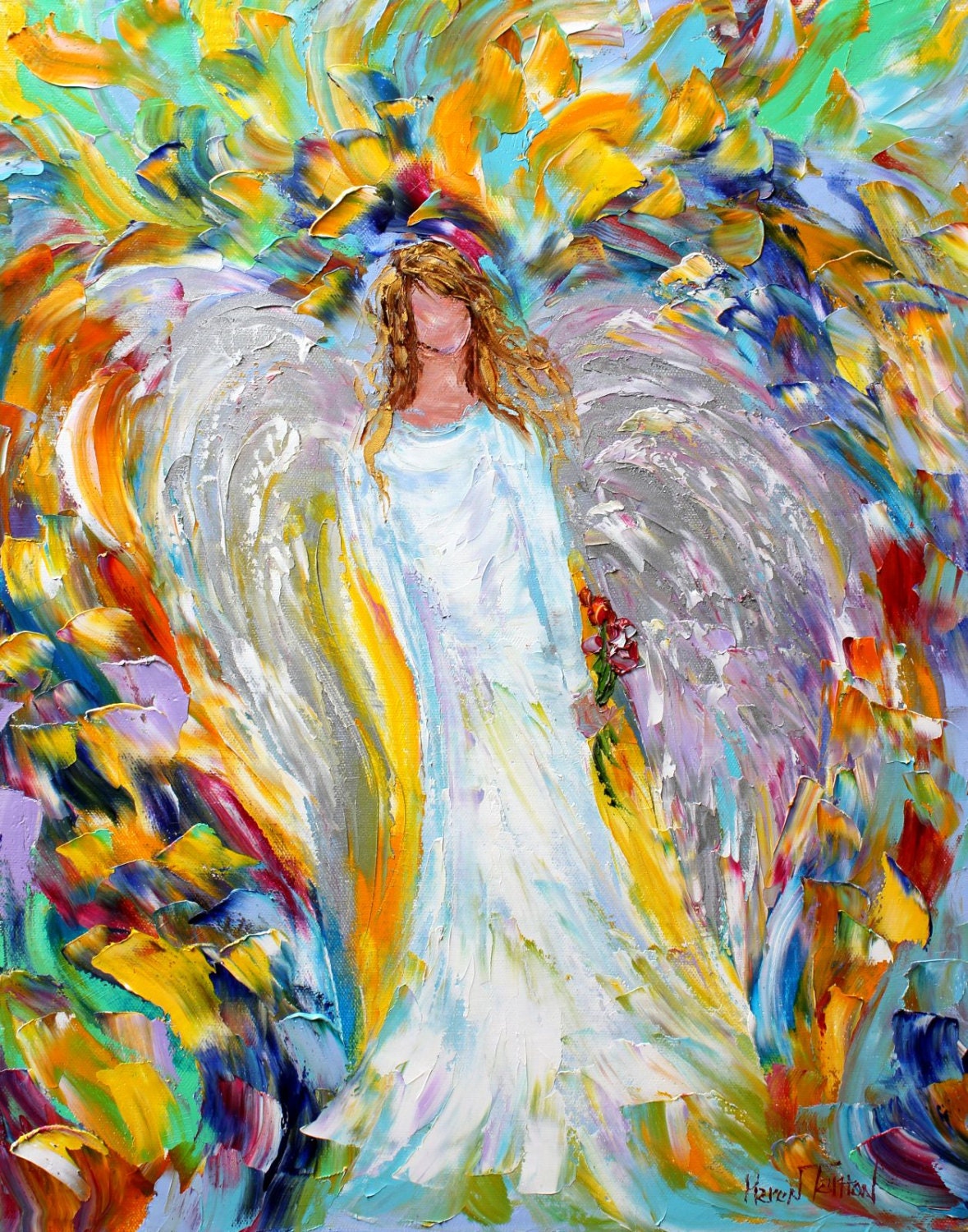 Original Angel of Love PALETTE KNIFE oil painting Abstract fine art modern impressionism by Karen Tarlton