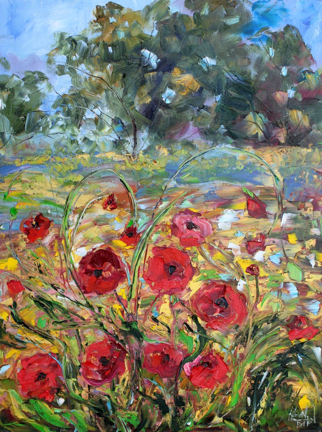Painting original oil Provence France Poppy Flowers Landscape palette knife on canvas fine art impressionism by Karen Tarlton