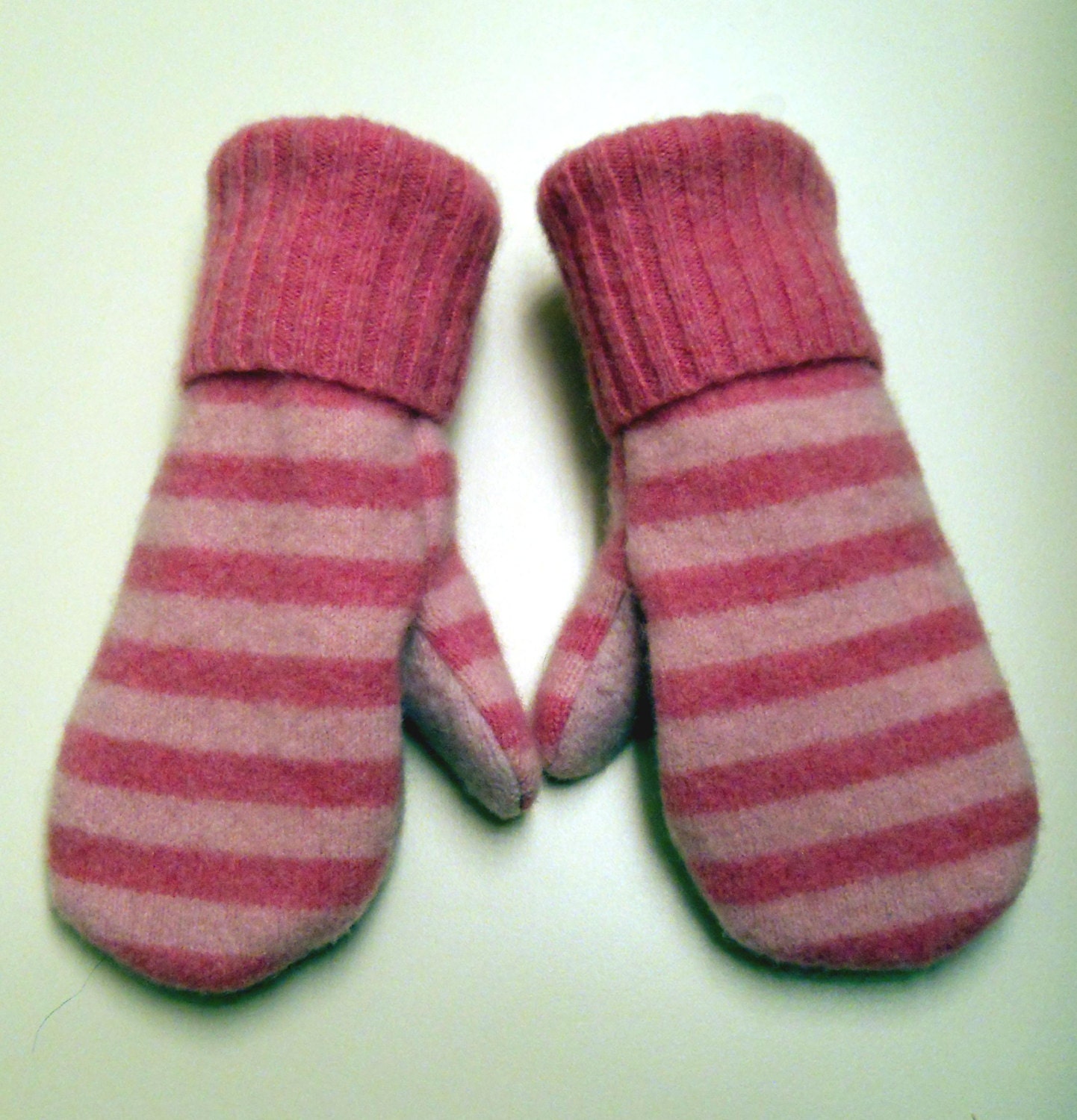 Double Pinks felted wool mittens: cozy mittens lined with soft  fleece.  Made from recycled sweaters.  Kids Small.