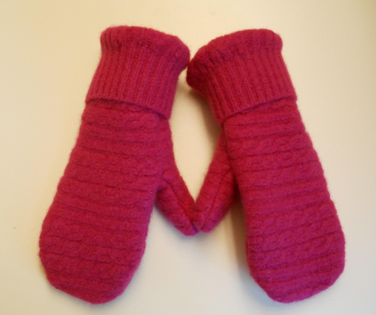 Hot Pink felted wool mittens: cozy mittens lined with soft  fleece.  Made from recycled sweaters.  Kids Small.
