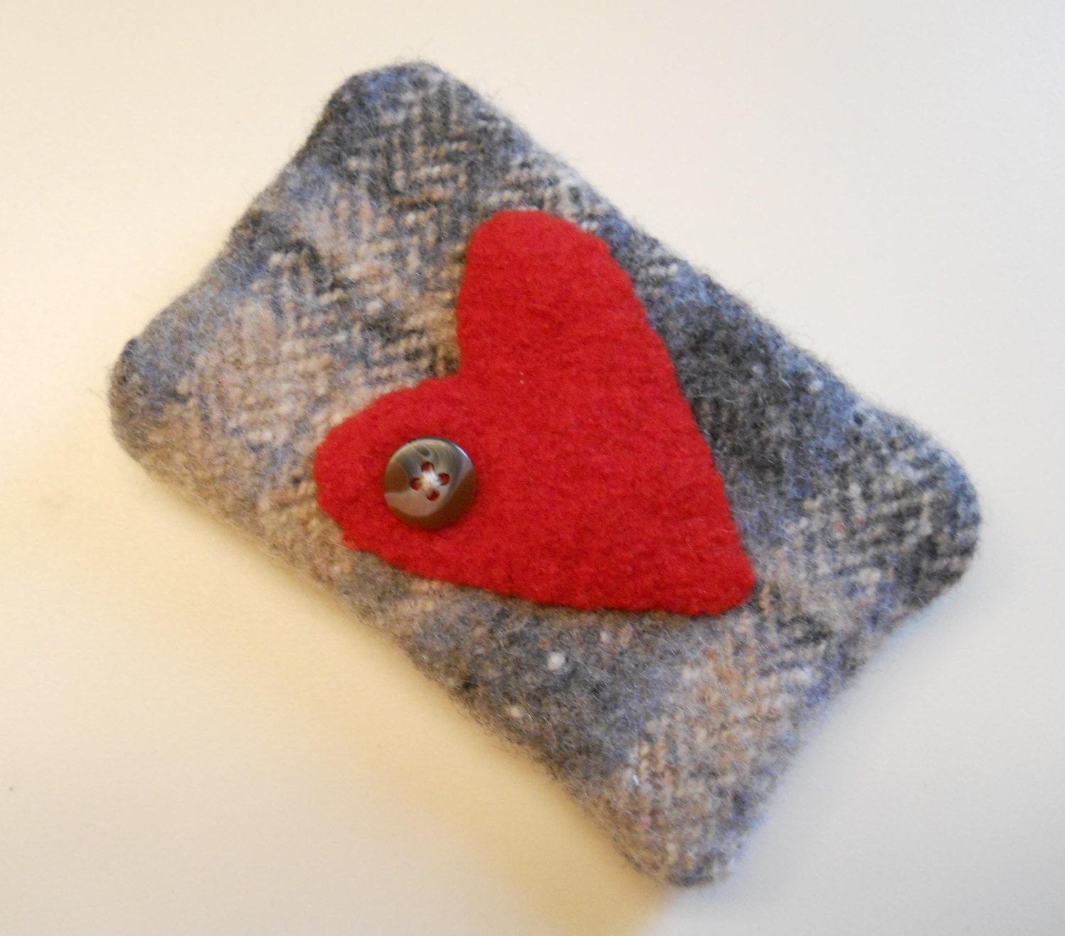 Little Lined Case: made from recycled wool. Felted wool red heart & button, black flannel lined.