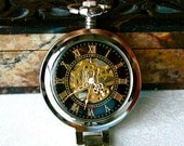 Mechanical Pocket Watch Silver & Black, Gold Roman Numerals, open  Steampunk Movement, Groovy Groomsman Gift