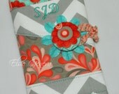 Personalized Grey Chevron Red Nectarine Pink Aqua Floral & Bird Spill Proof Cosmetic / Make-Up or Crochet Hook Case Organizer Zipper Pocket