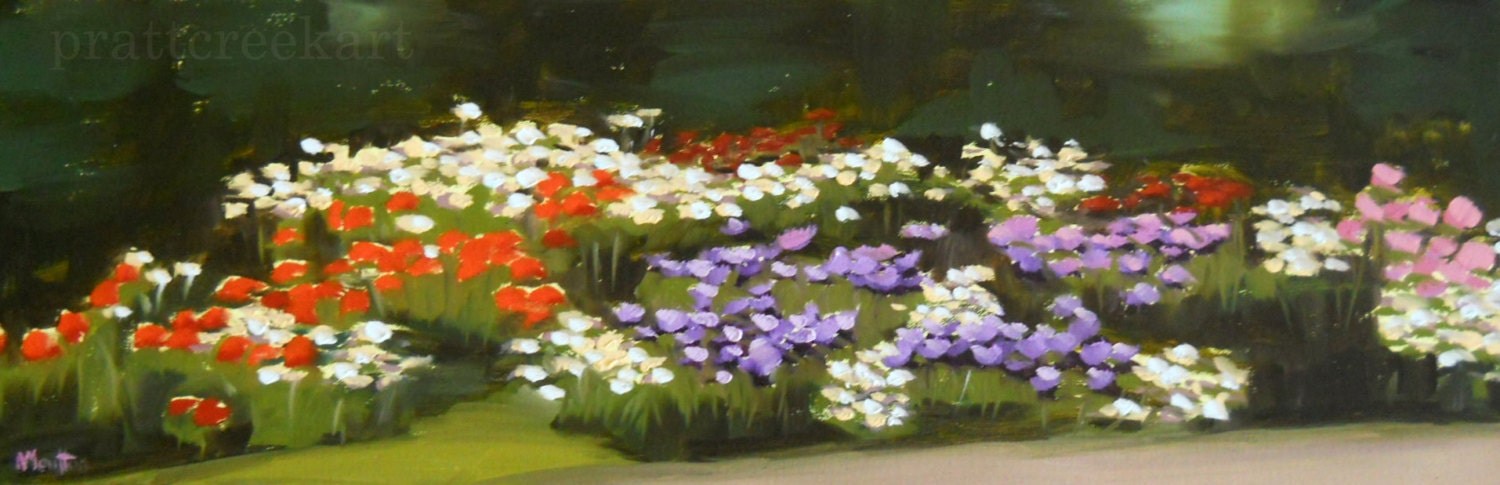 flowers along the prairie path original oil painting on canvas by moulton 10 x 30 inches prattcreekart