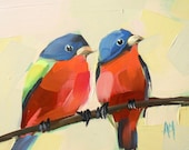 Two Painted Buntings original bird oil painting by moulton 5 x 7 inches on panel  prattcreekart
