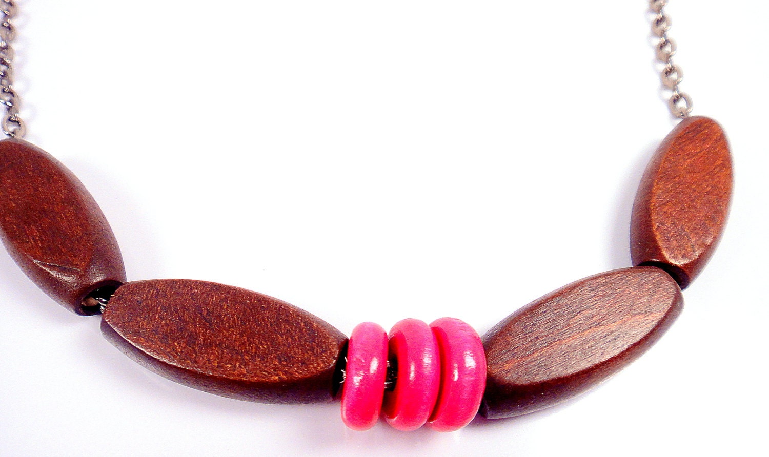 Brown Retro Necklace, Pink Wood Necklace, Dark Brown Beaded Necklace