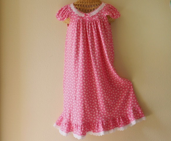 SUMMER NIGHTGOWNS, 100% Cotton Interlock Knit, Girls Sizes 4, 6, 8 & 10, Hot Pink, Eyelet Trim, Hearts, Pajamas, Ready to Ship