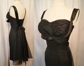 Sexy 1950's black satin and silk organza shelf bust cocktail dress with bustle vlv rockabilly bombshell vixen - size XS to Small