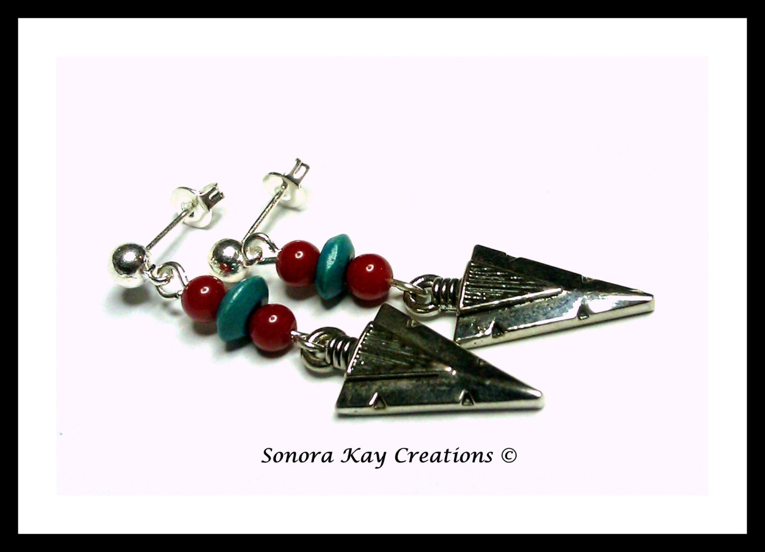 Arrowhead Earrings with Red Coral and Turquoise Wood Accents