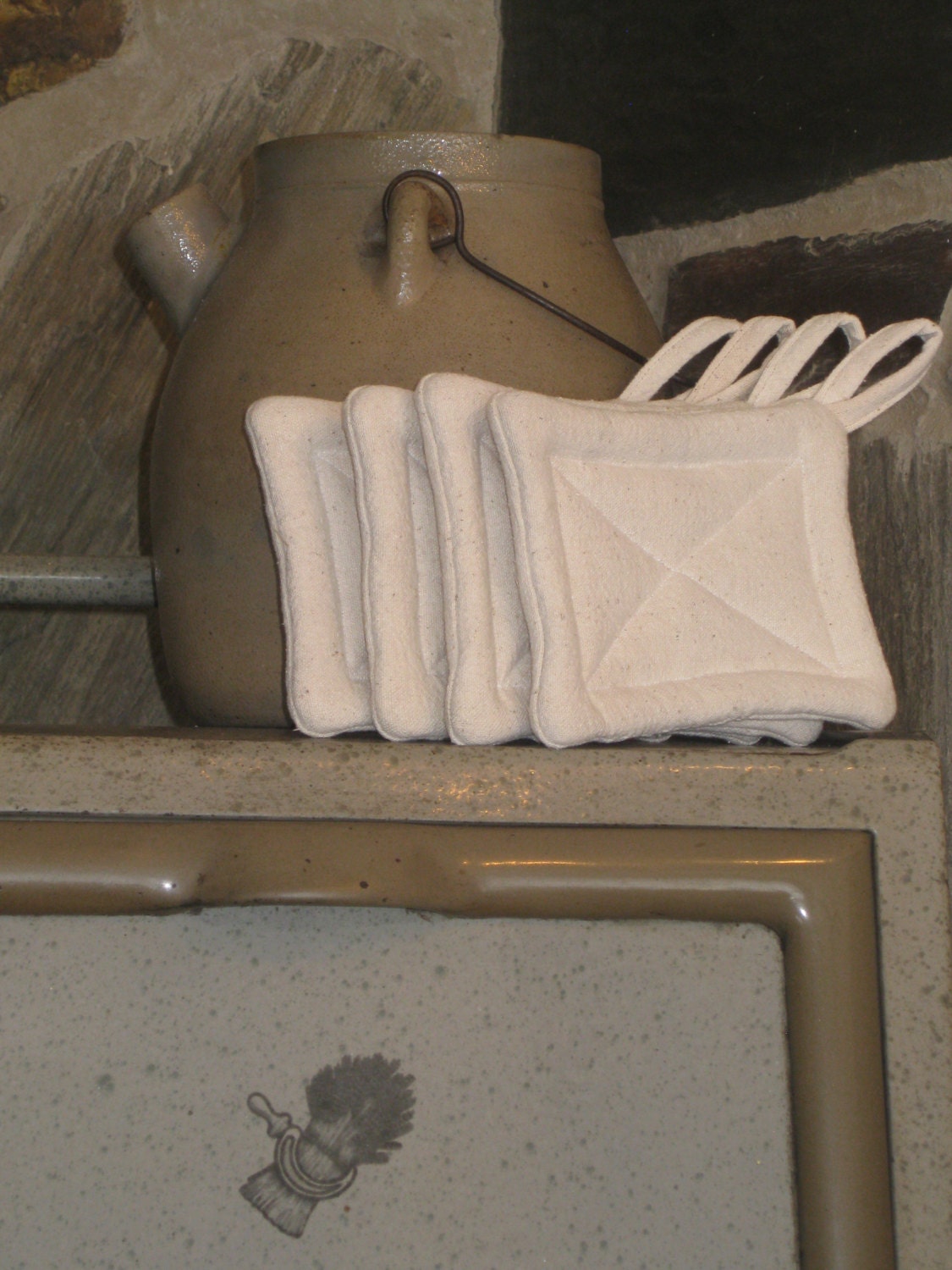 Grain Sack Pot Holder Set Vintage Feed Sack Kitchen Gift Fathers Day