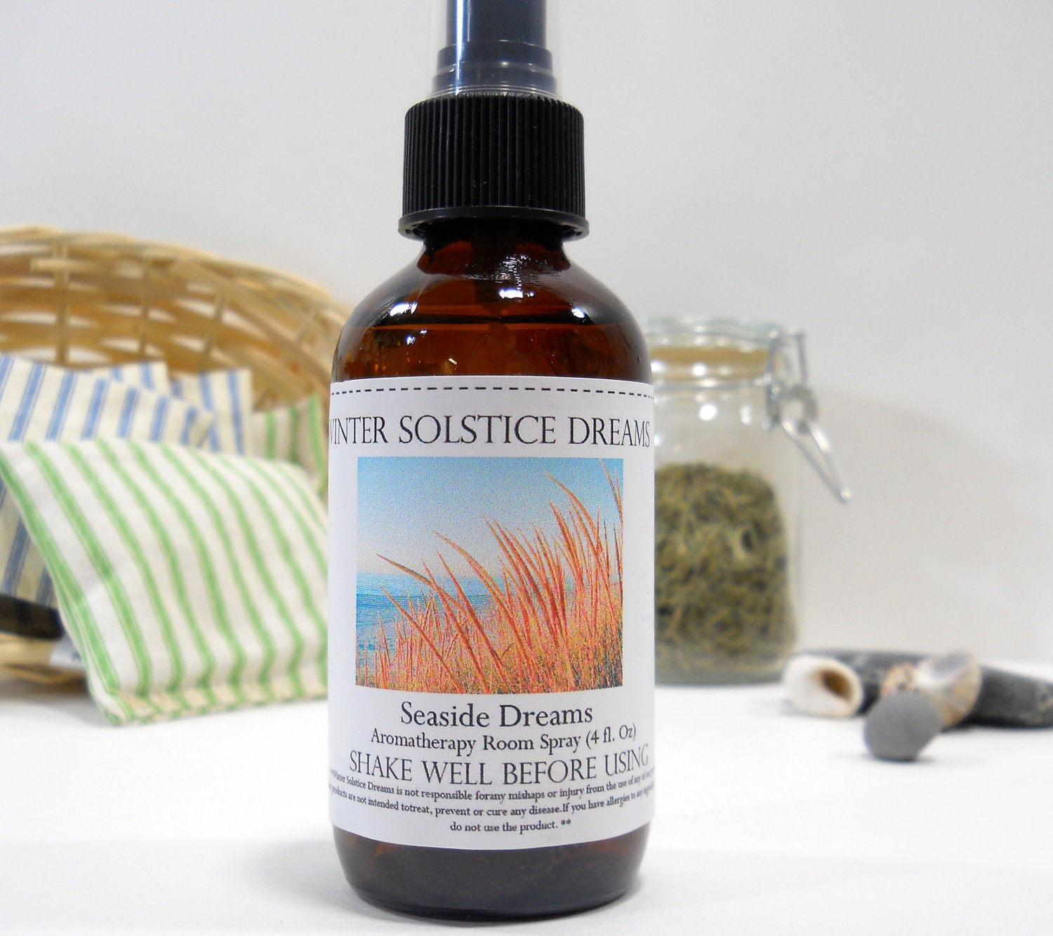 Seaside Dreams Room and Linen Spray, Lemongrass Coconut Vanilla Blend, 4oz  Amber Glass Bottle, Beach Summery Fragrance