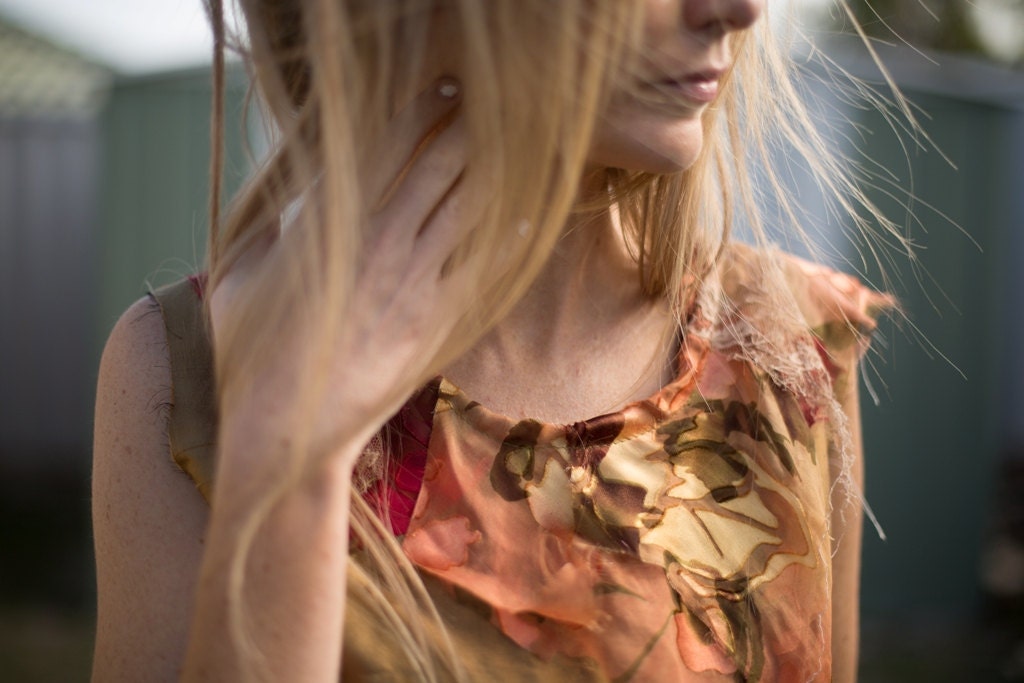 Experimental Gold silk Tunic Top. Asymmetrical silk flower tunic. Olive Gold silk blouse, by RawHemline