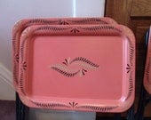 Mid Century TV Tray Set w/Stand, Salmon Pink and Black, Great Condition. Compact and Easy to Store